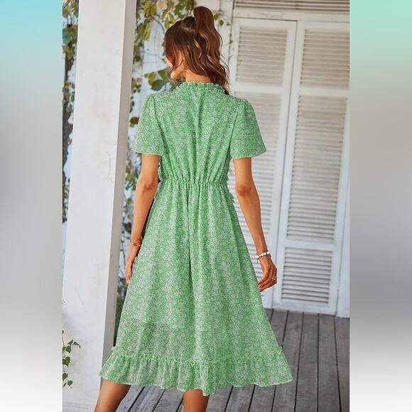 Women V Neck Ruffle Short Sleeve Floral Print Midi Dress Green Large - Picture 2 of 8